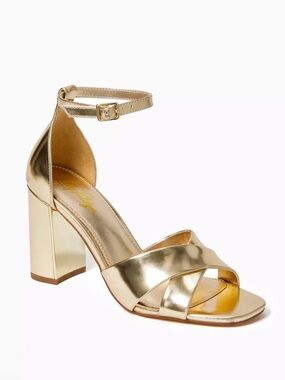 Lilly Pulitzer • Kendell Leather Gold Metallic Ankle-Strap Block Heel Sandal